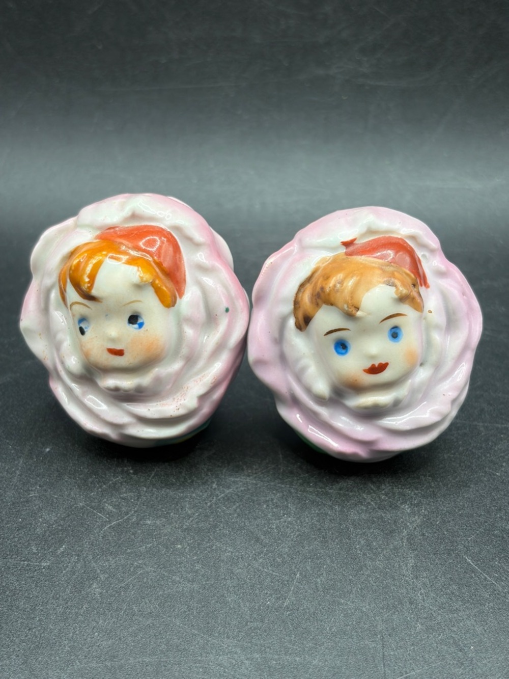 Vintage Anthropomorphic Baby Face Pink Rose Ceramic Salt Pepper Shakers Kawaii